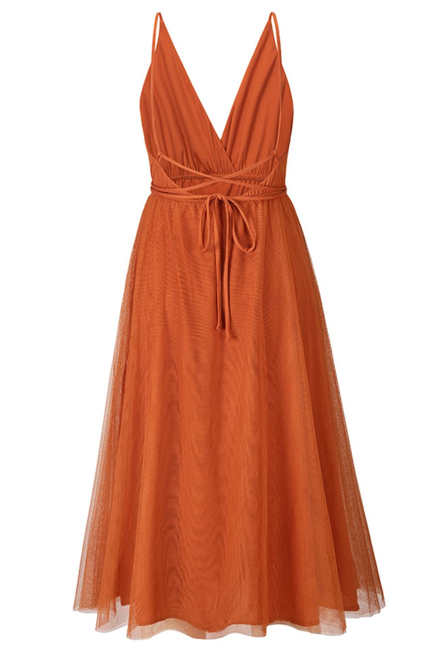 Crisscross Open Back Wrap Mesh Tulle Dress in Orange