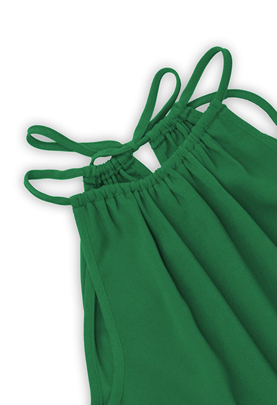 Halter Neck Tie Waist Pleated Dress in Green