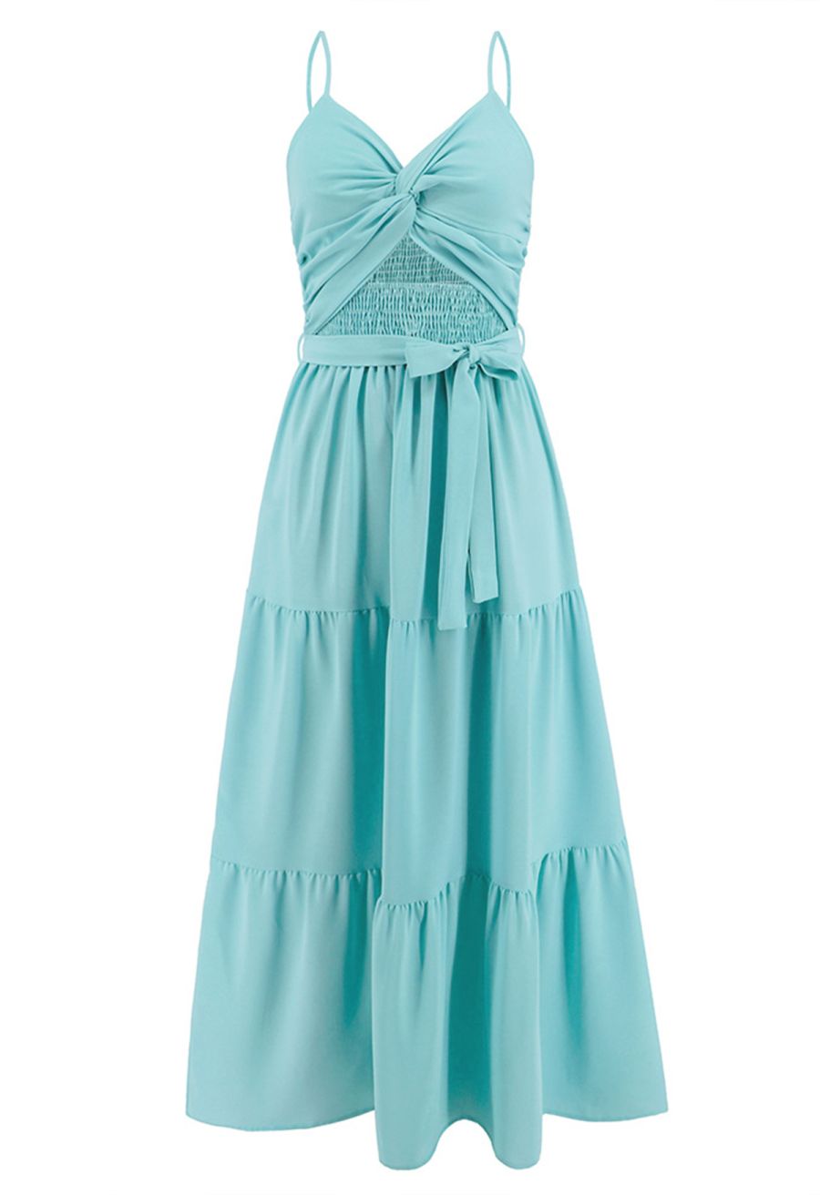 Twist Cutout Shirred Cami Maxi Dress in Mint