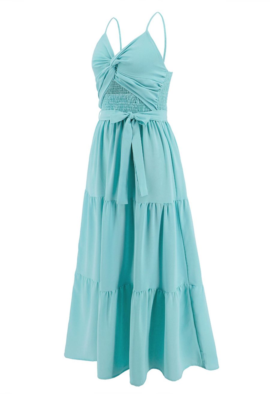 Twist Cutout Shirred Cami Maxi Dress in Mint