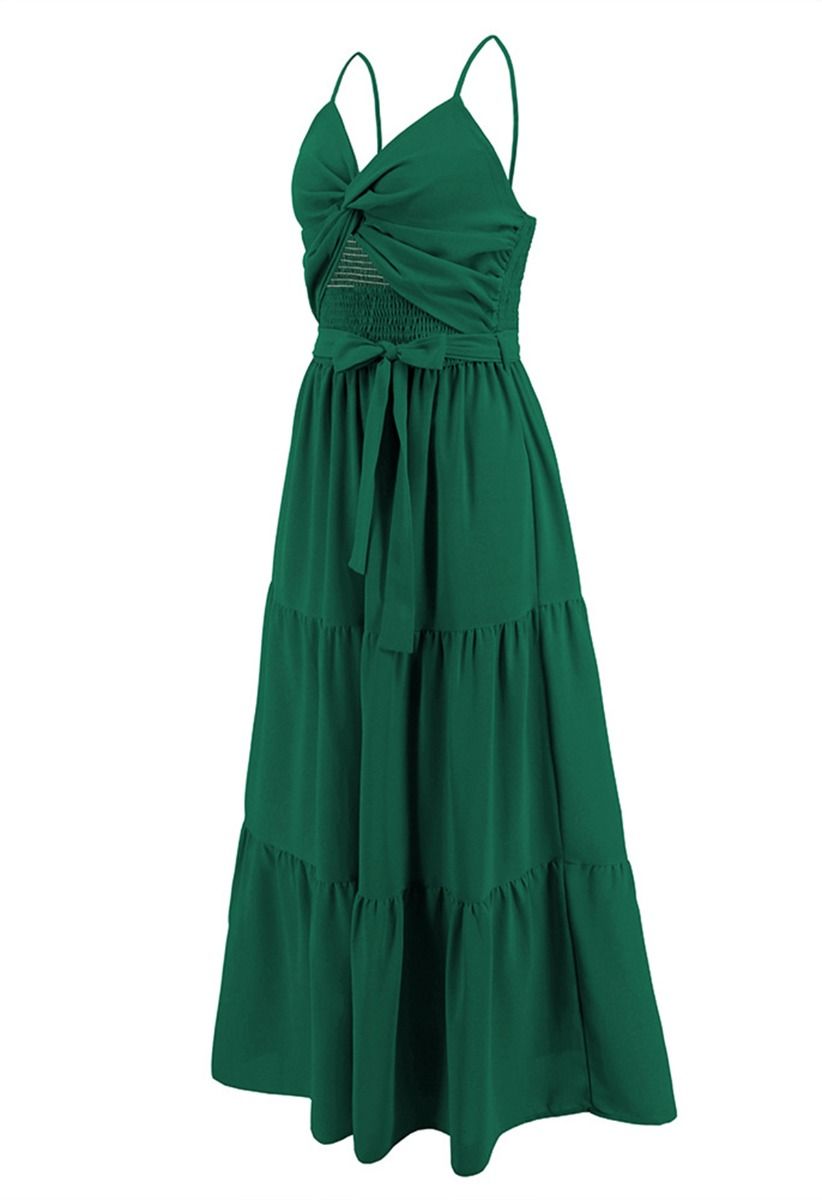 Twist Cutout Shirred Cami Maxi Dress in Green