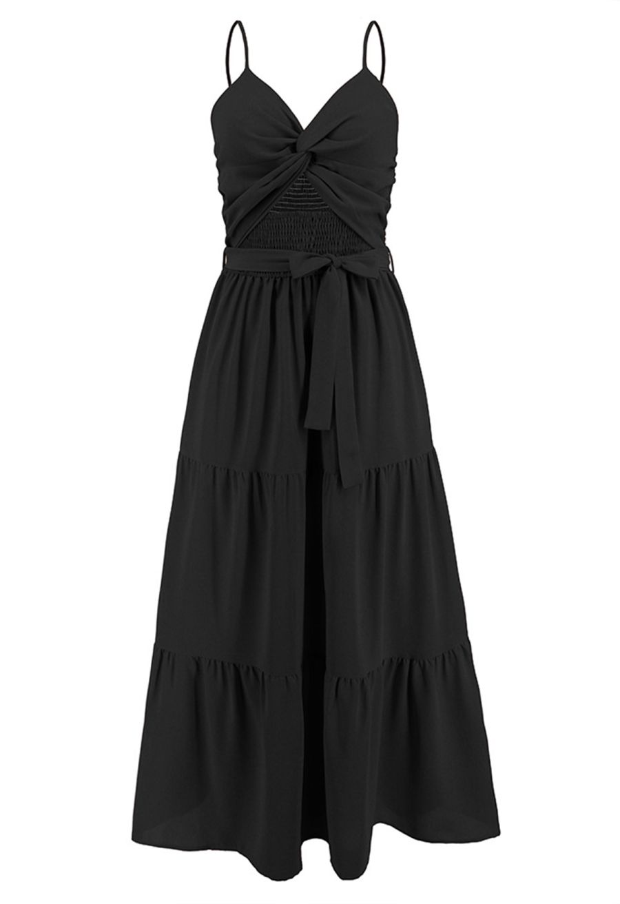 Twist Cutout Shirred Cami Maxi Dress in Black
