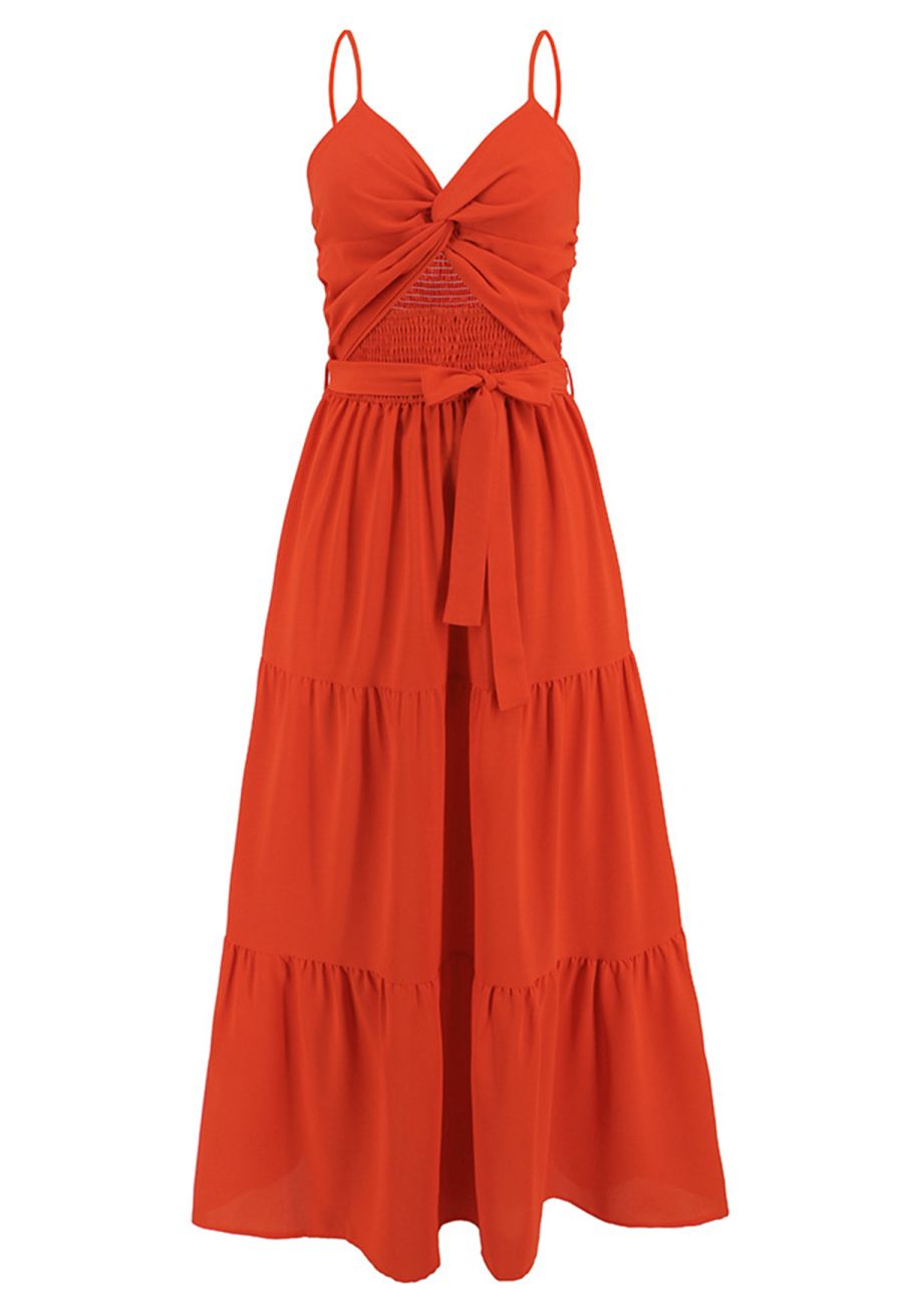Twist Cutout Shirred Cami Maxi Dress in Orange