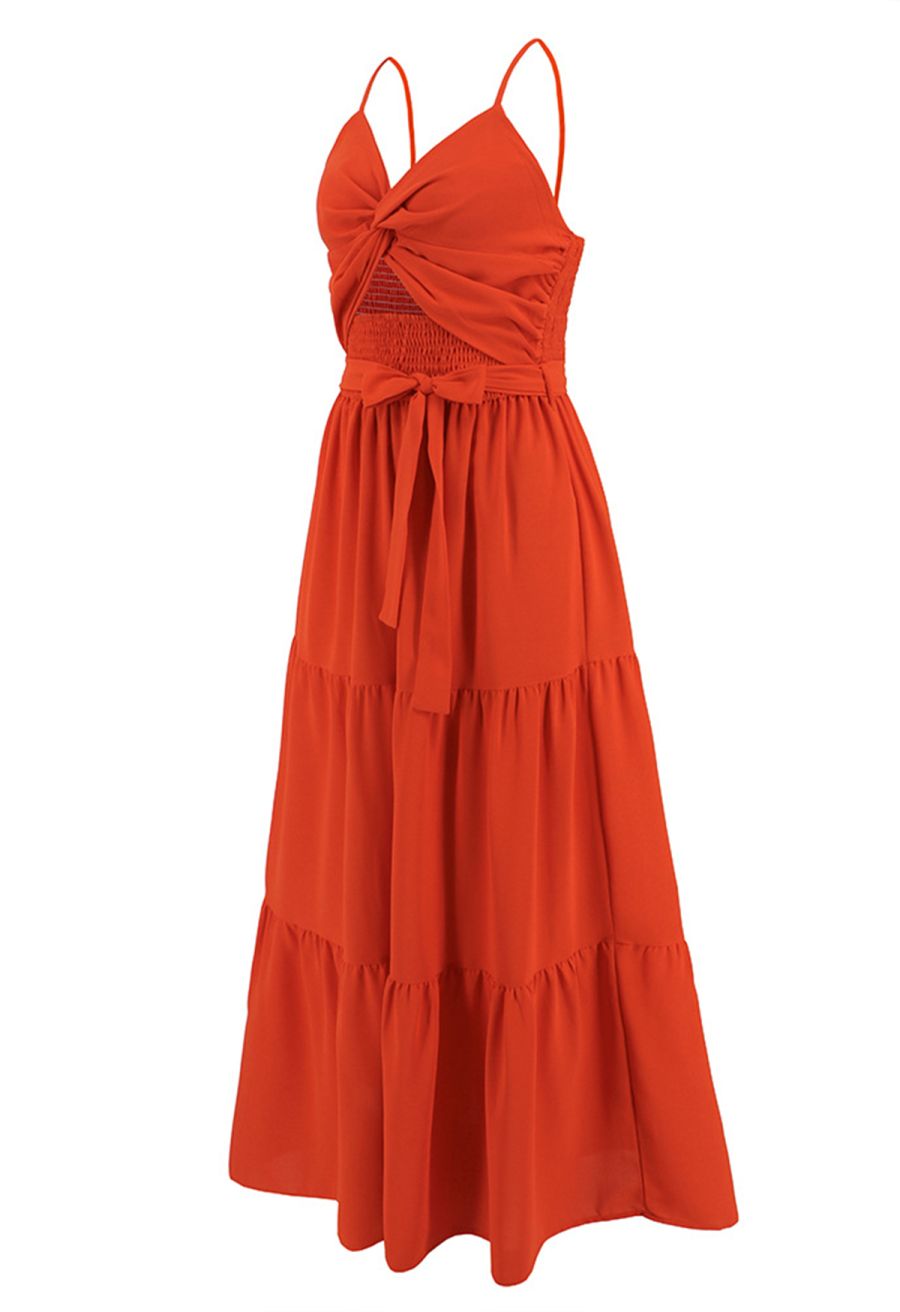 Twist Cutout Shirred Cami Maxi Dress in Orange