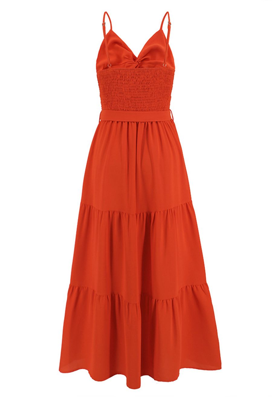 Twist Cutout Shirred Cami Maxi Dress in Orange