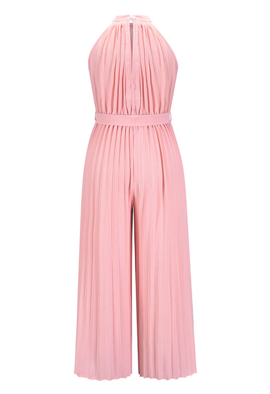 Halter Neck Self-Tie Pleated Jumpsuit in Pink