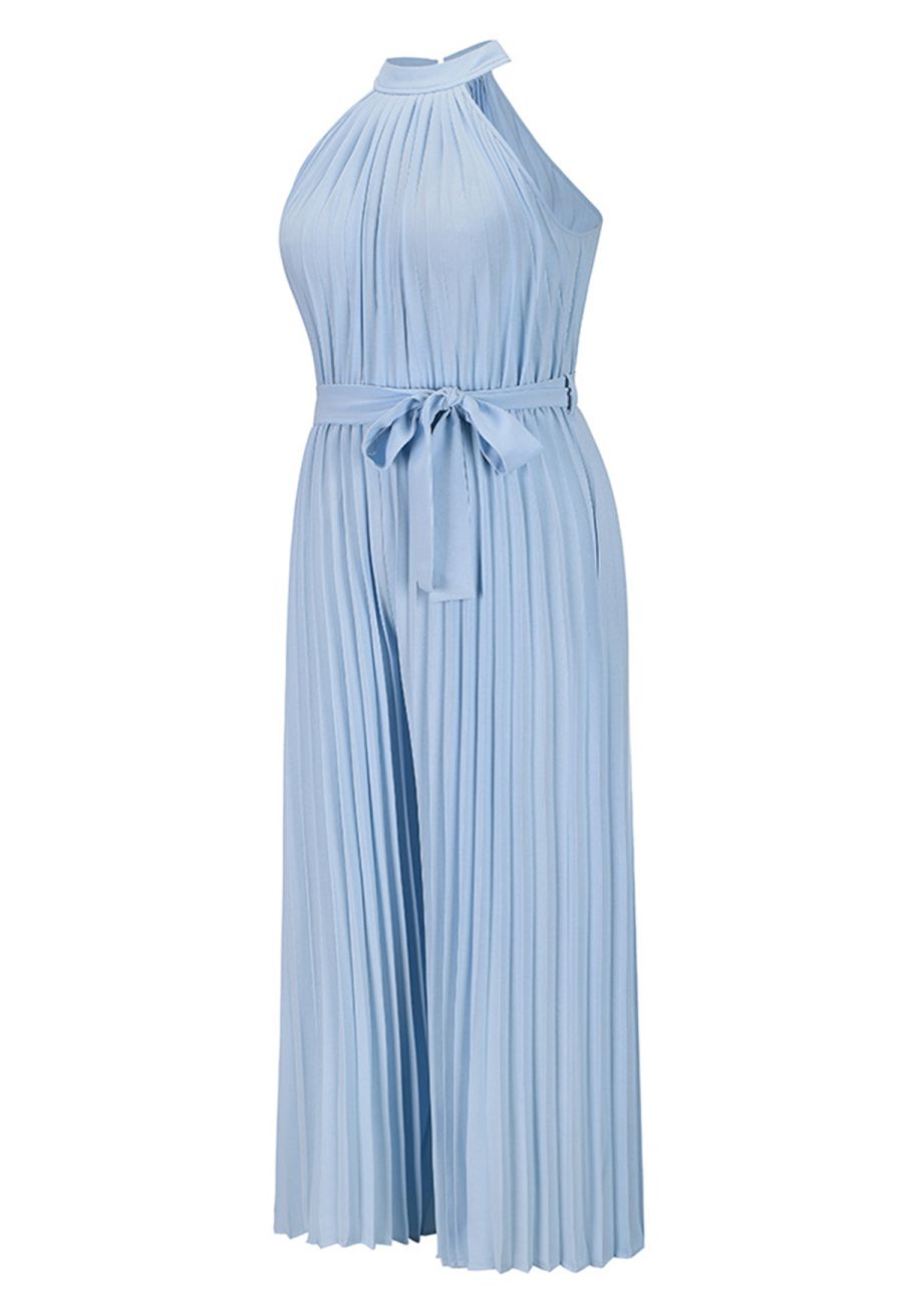 Halter Neck Self-Tie Pleated Jumpsuit in Blue