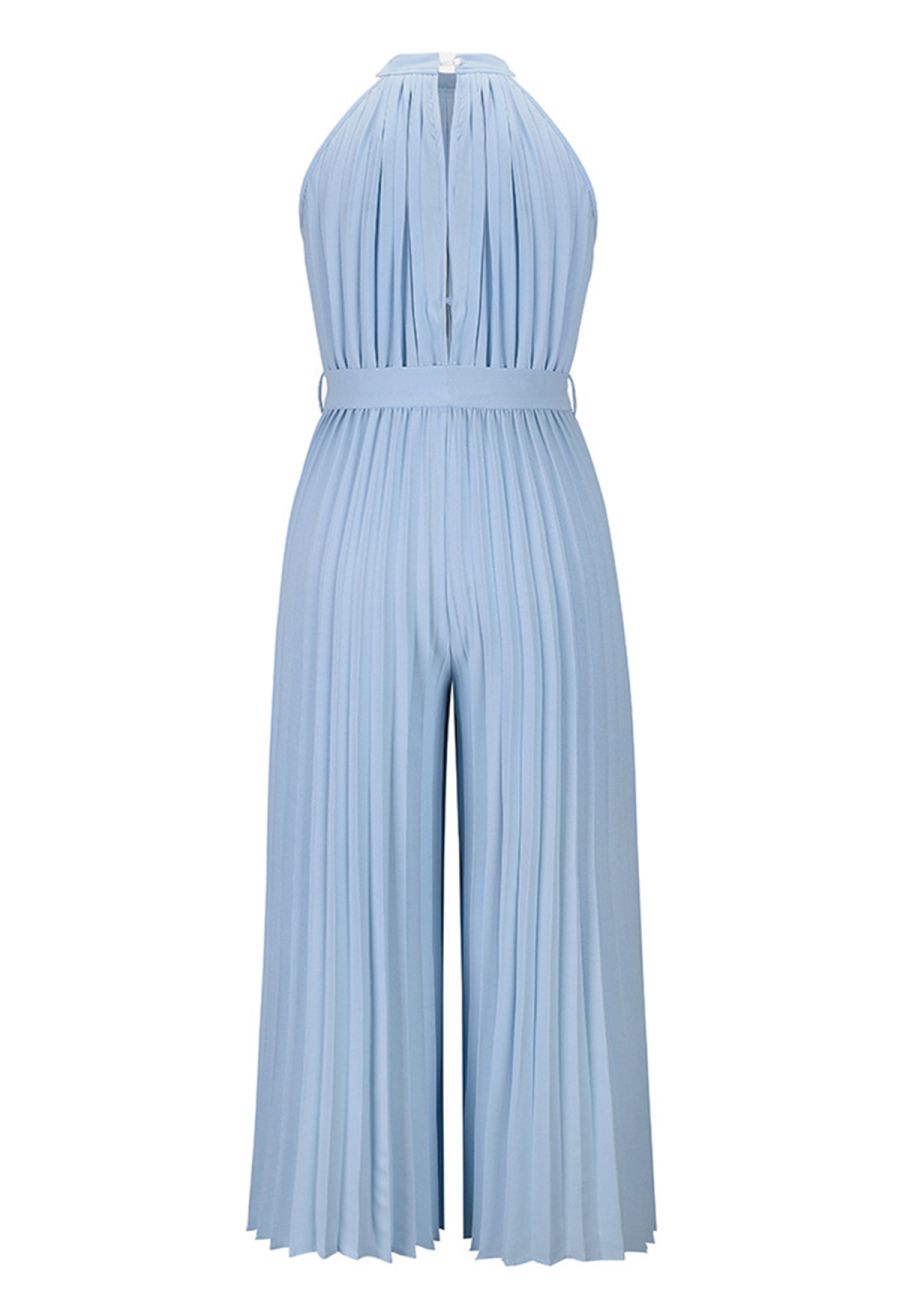 Halter Neck Self-Tie Pleated Jumpsuit in Blue
