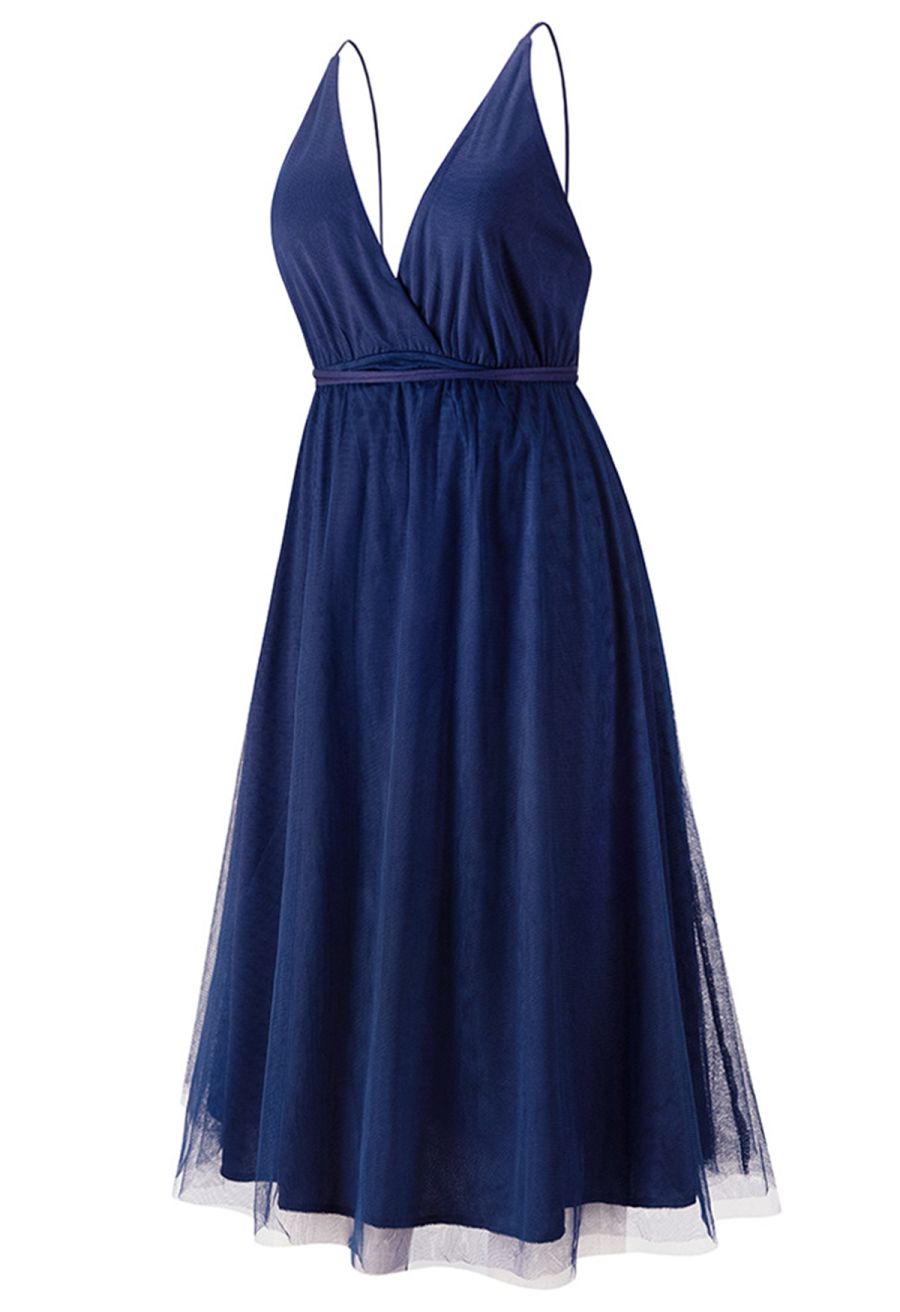 Crisscross Open Back Wrap Mesh Tulle Dress in Navy