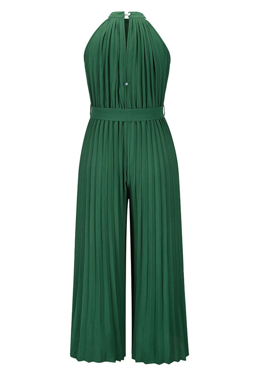 Halter Neck Self-Tie Pleated Jumpsuit in Green