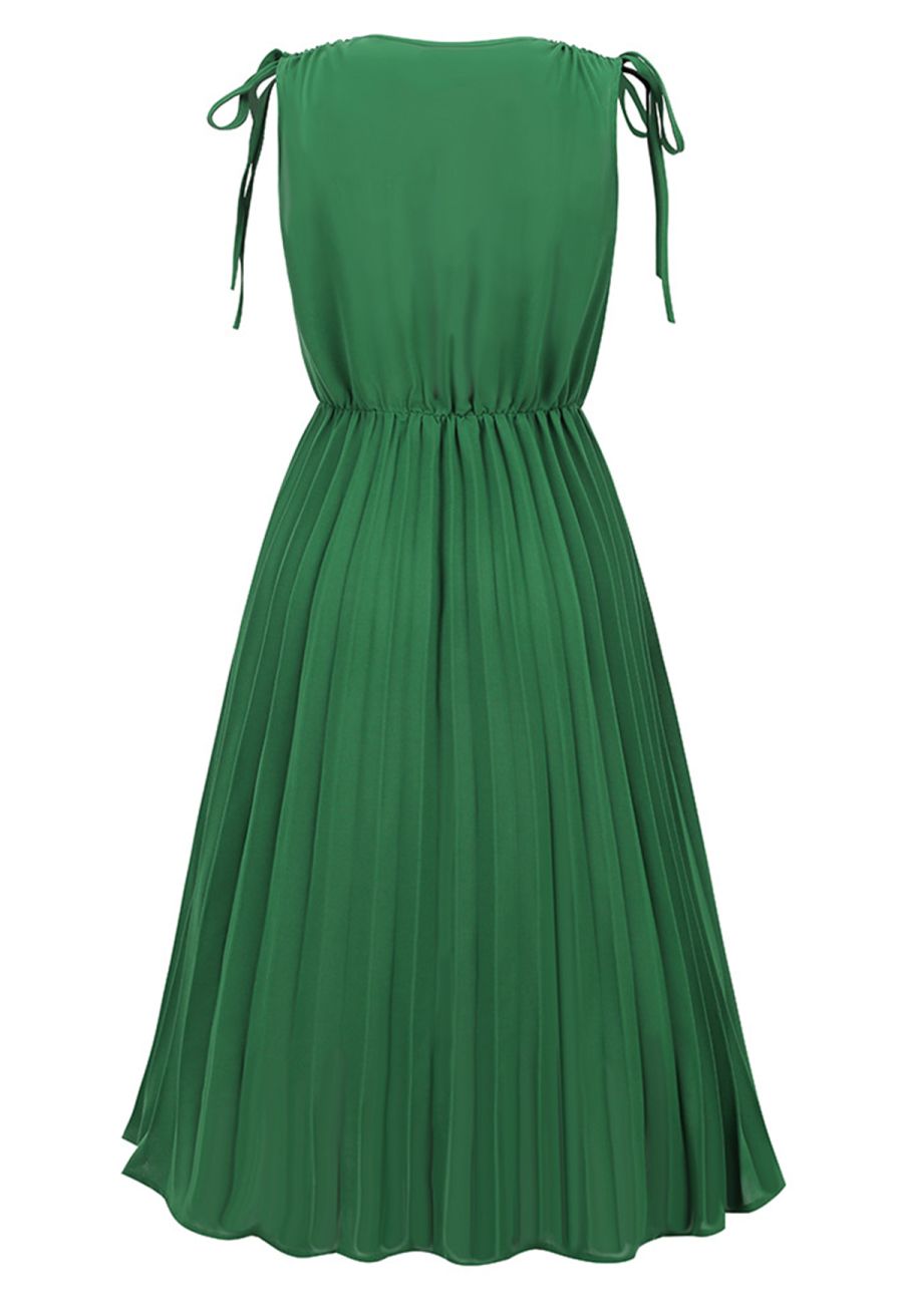 Tie-String Pleated Sleeveless Midi Dress in Green