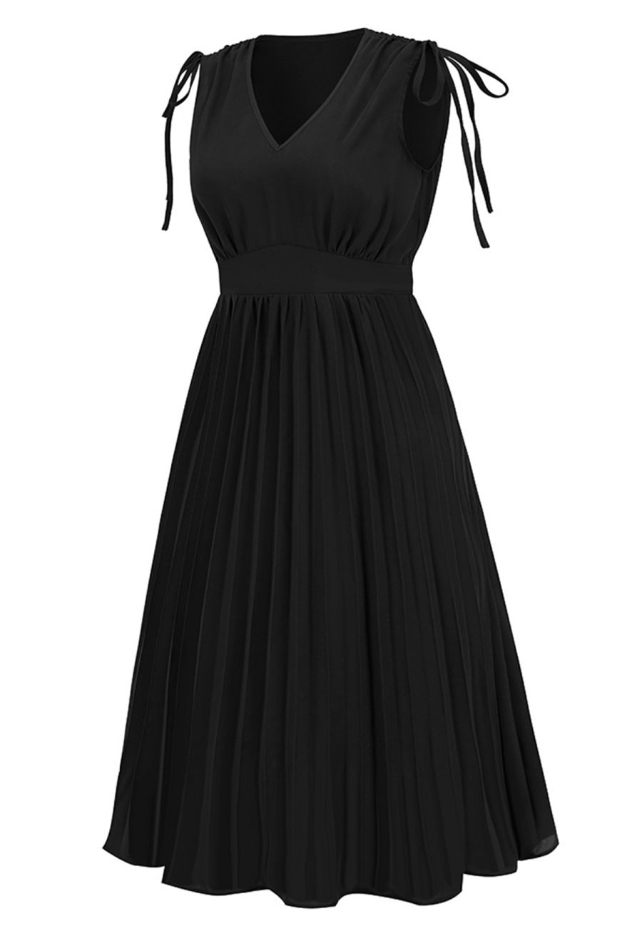 Tie-String Pleated Sleeveless Midi Dress in Black