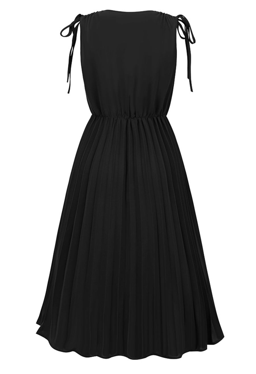 Tie-String Pleated Sleeveless Midi Dress in Black
