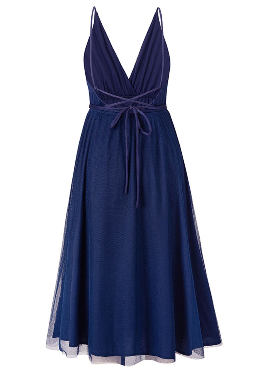Crisscross Open Back Wrap Mesh Tulle Dress in Navy