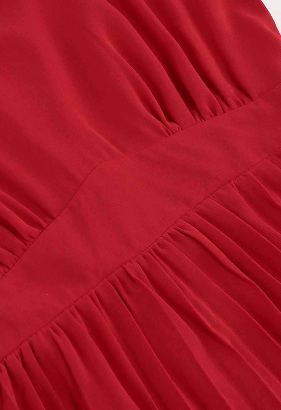 Tie-String Pleated Sleeveless Midi Dress in Red
