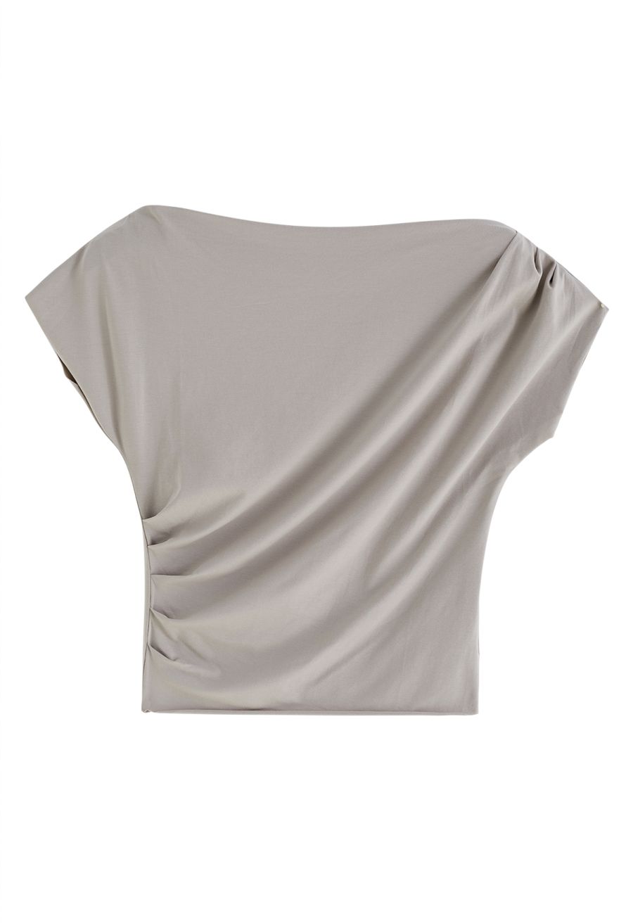 Asymmetric Boat Neck Ruched Top in Taupe
