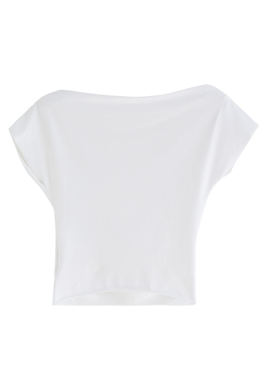 Asymmetric Boat Neck Ruched Top in White