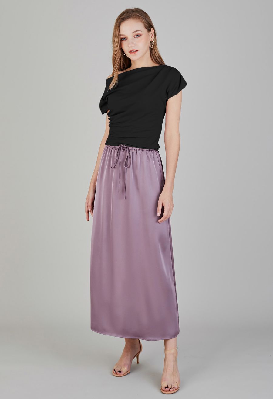 Asymmetric Boat Neck Ruched Top in Black