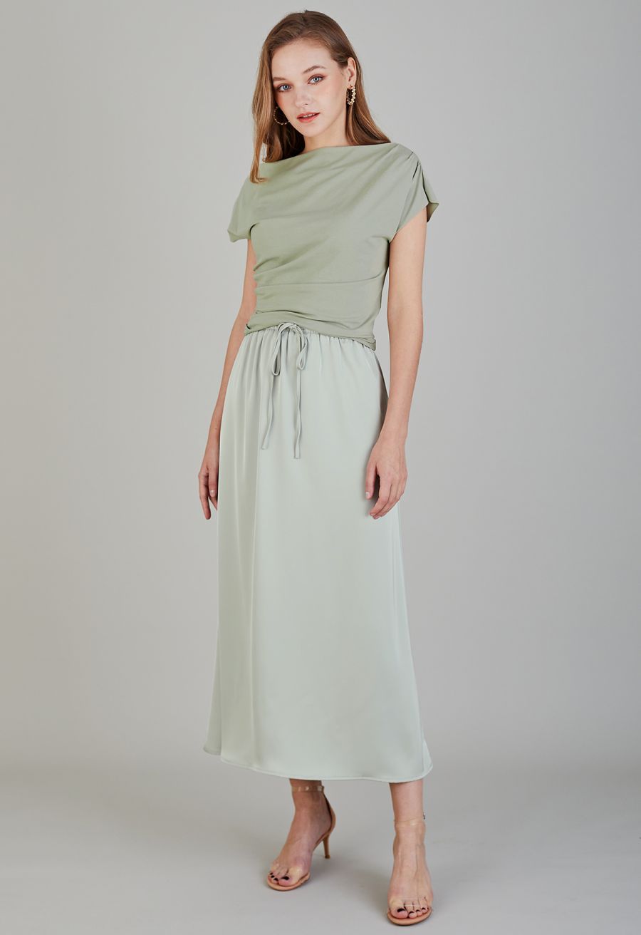 Elastic Drawstring Waist Satin Maxi Skirt in Mint