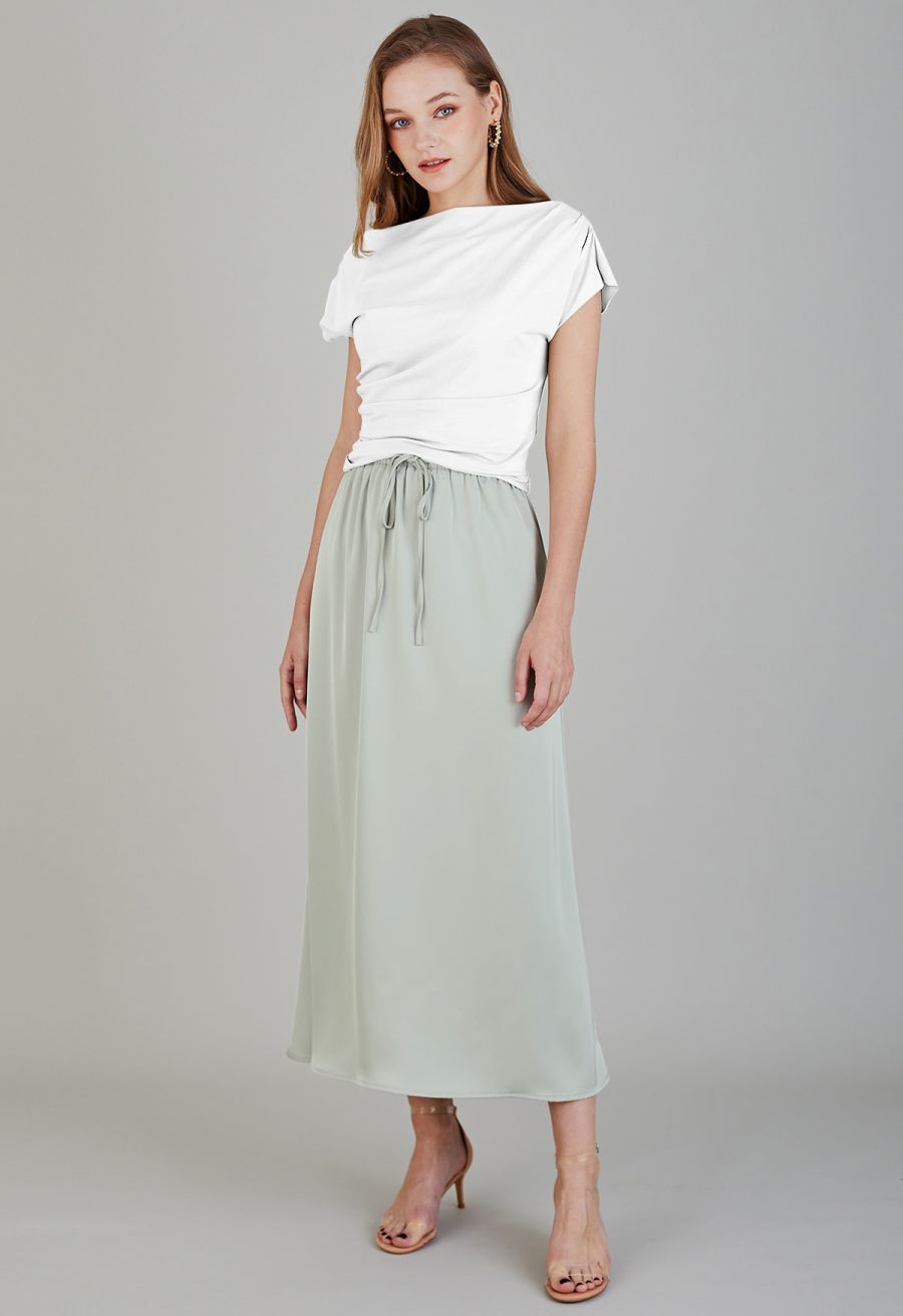 Asymmetric Boat Neck Ruched Top in White