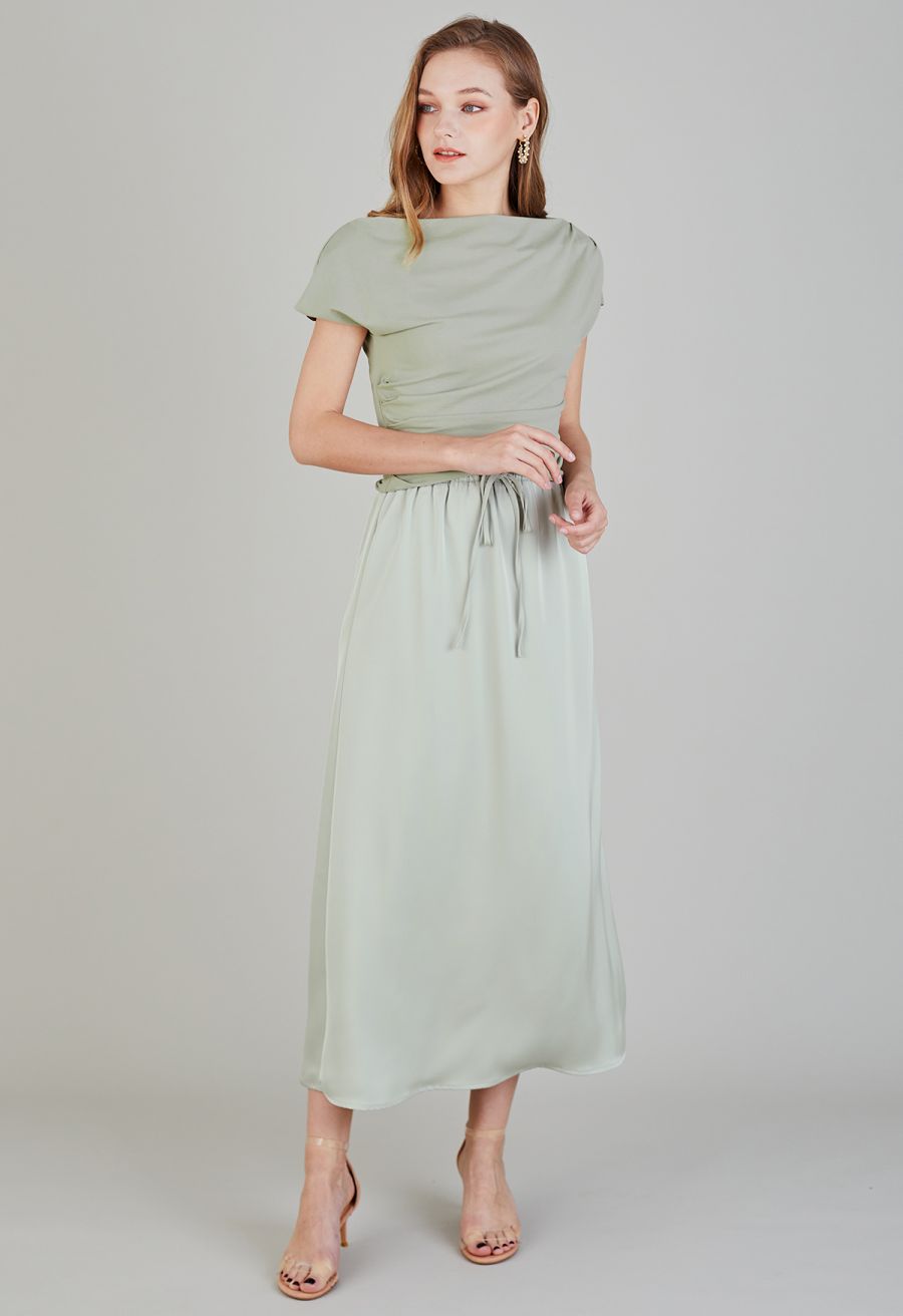 Elastic Drawstring Waist Satin Maxi Skirt in Mint