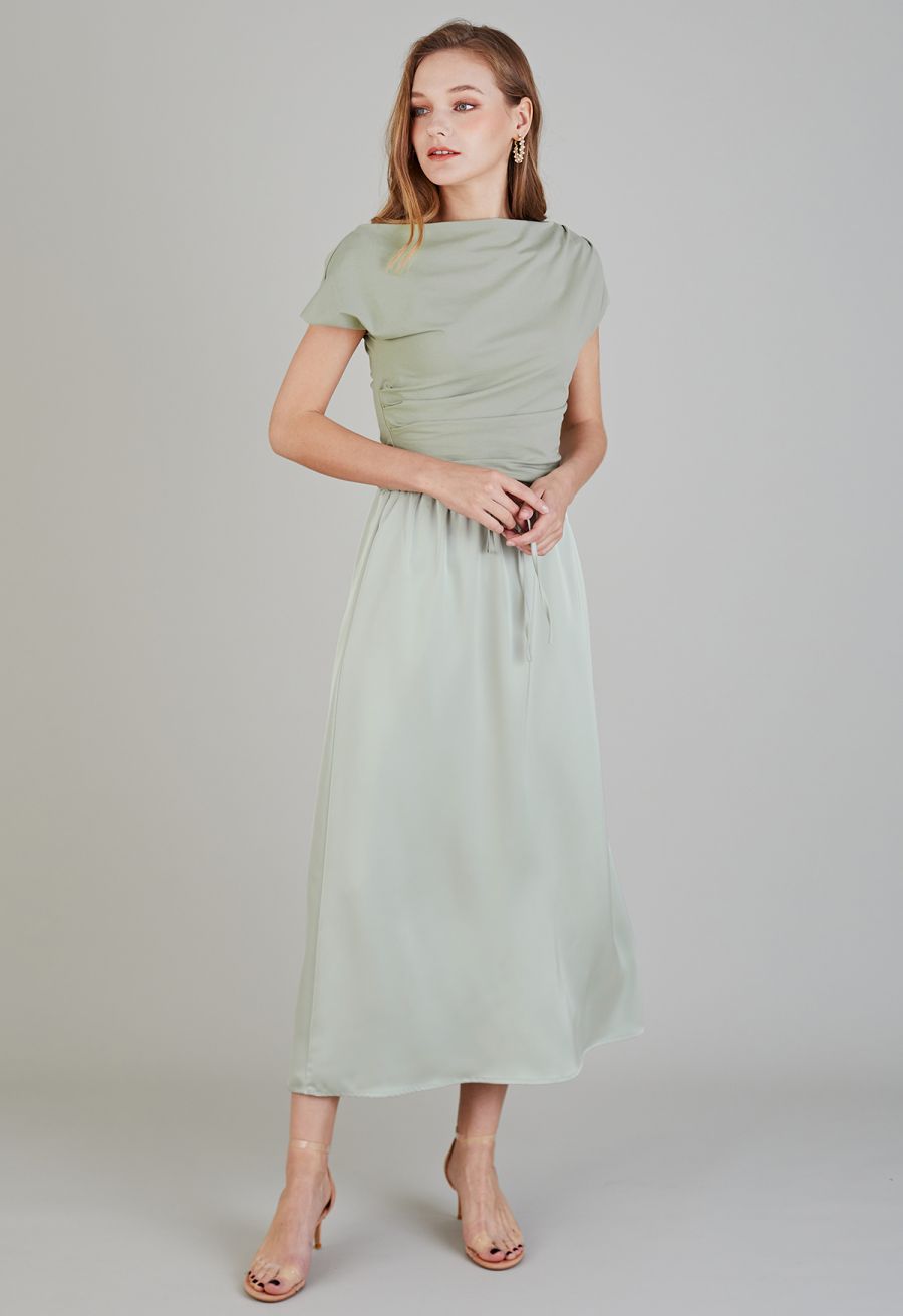 Elastic Drawstring Waist Satin Maxi Skirt in Mint
