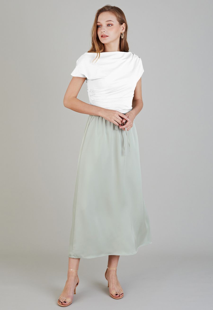 Asymmetric Boat Neck Ruched Top in White