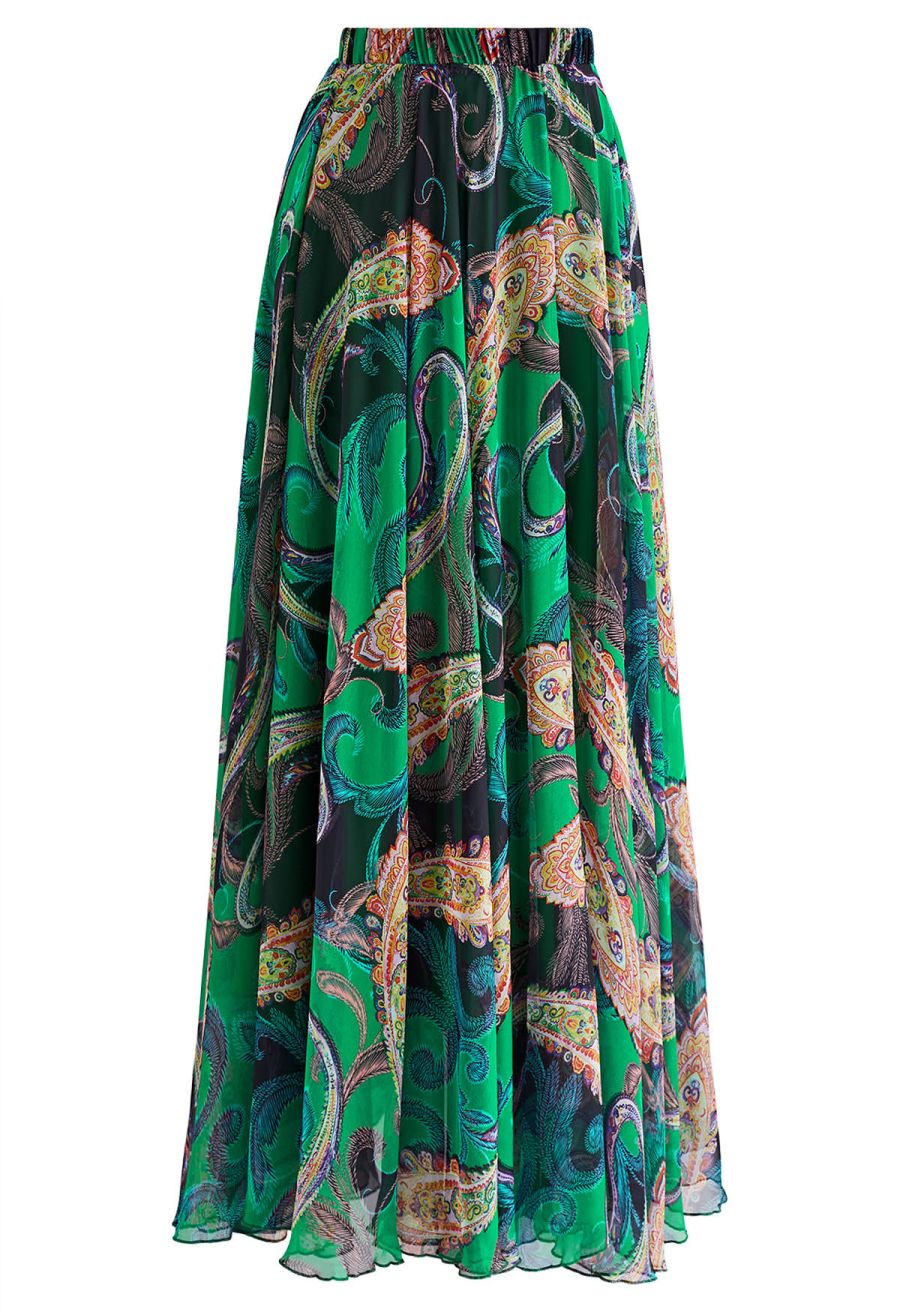 Exotic Paisley Chiffon Maxi Skirt in Green