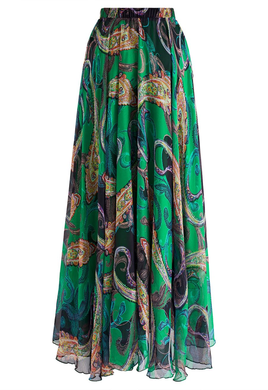 Exotic Paisley Chiffon Maxi Skirt in Green