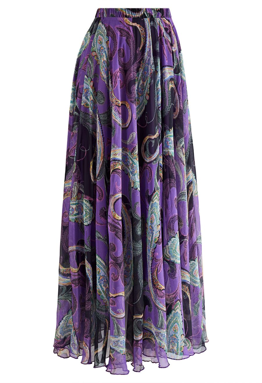 Exotic Paisley Chiffon Maxi Skirt in Purple