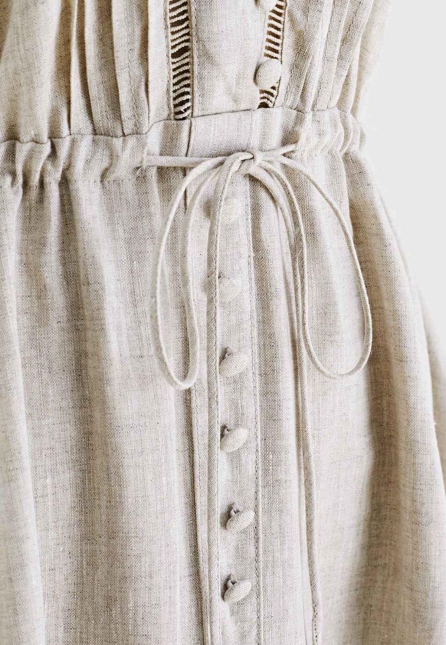 V-Neck Buttoned Sleeveless Dress in Linen