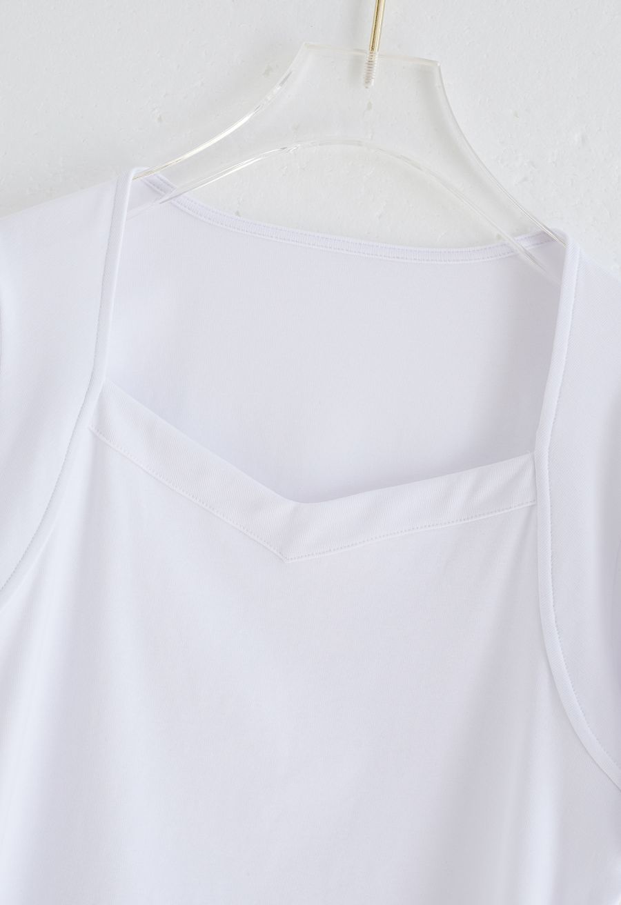 Square Neckline Puff Shoulder T-Shirt in White