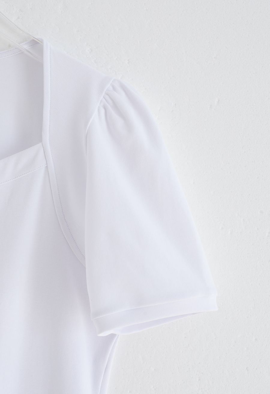 Square Neckline Puff Shoulder T-Shirt in White