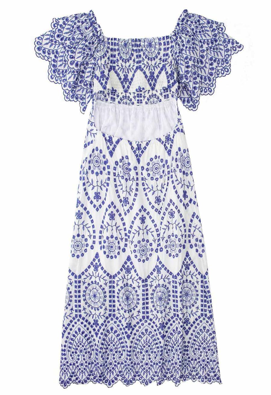 Blue Embroidery Ruffle Sleeve Cotton Dress