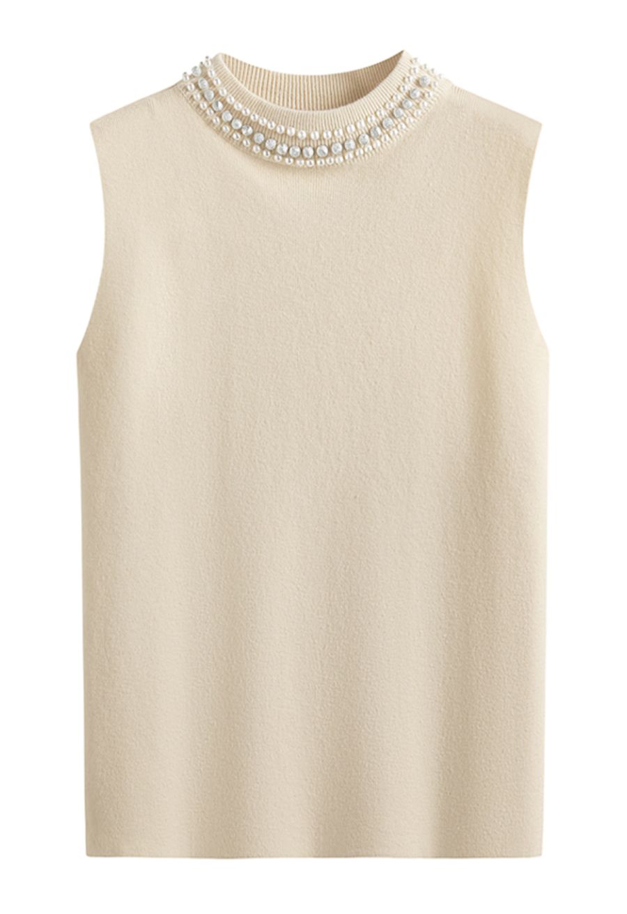 Pearl Embellished Mock Neck Sleeveless Knit Top in Sand
