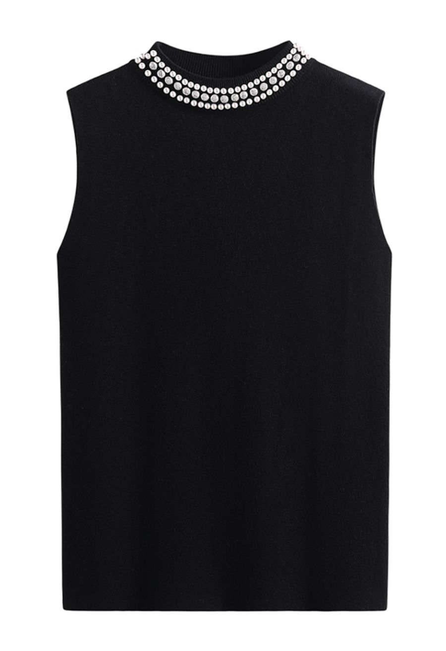 Pearl Embellished Mock Neck Sleeveless Knit Top in Black