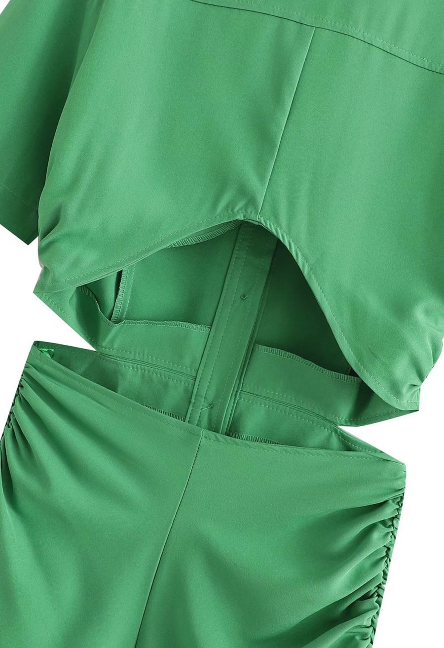 Cutout Waist Side Ruched Shirt Dress in Green