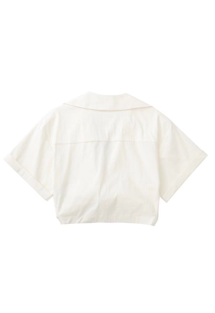 Front Tie Flap Pocket Crop Shirt in Ivory