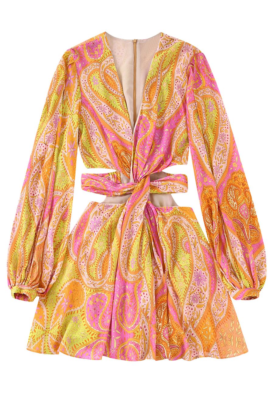 Twisted Cutout Waist Paisley Chiffon Dress