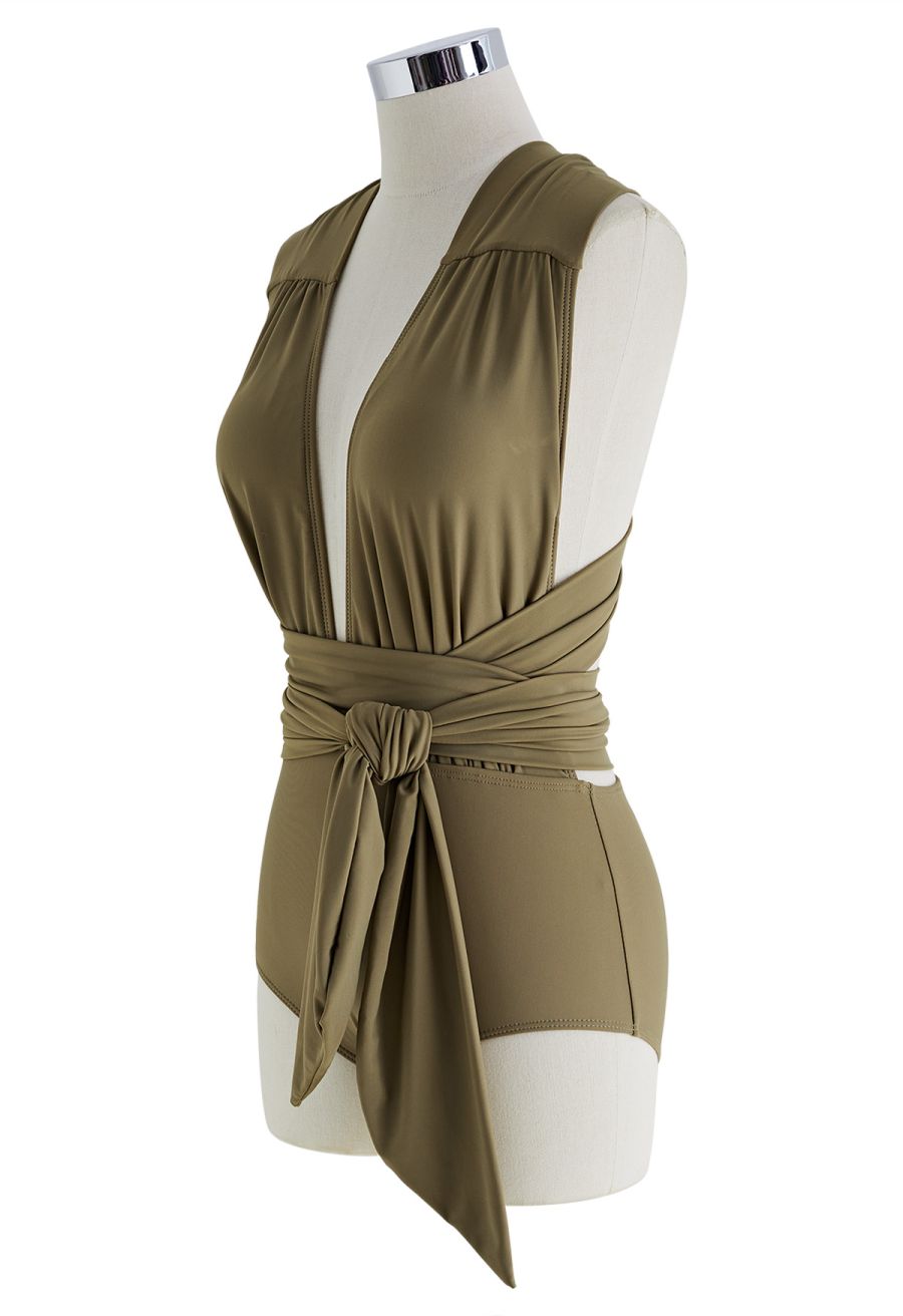 Lace-Up Deep V-Neck One-Piece Swimsuit in Army Green
