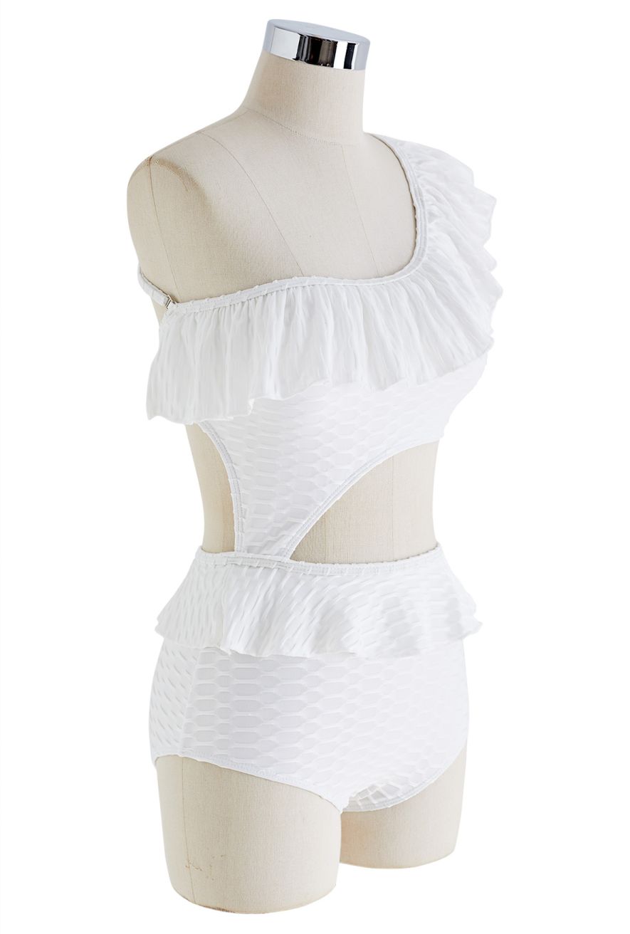 Ruffle One-Shoulder Cutout Swimsuit in White