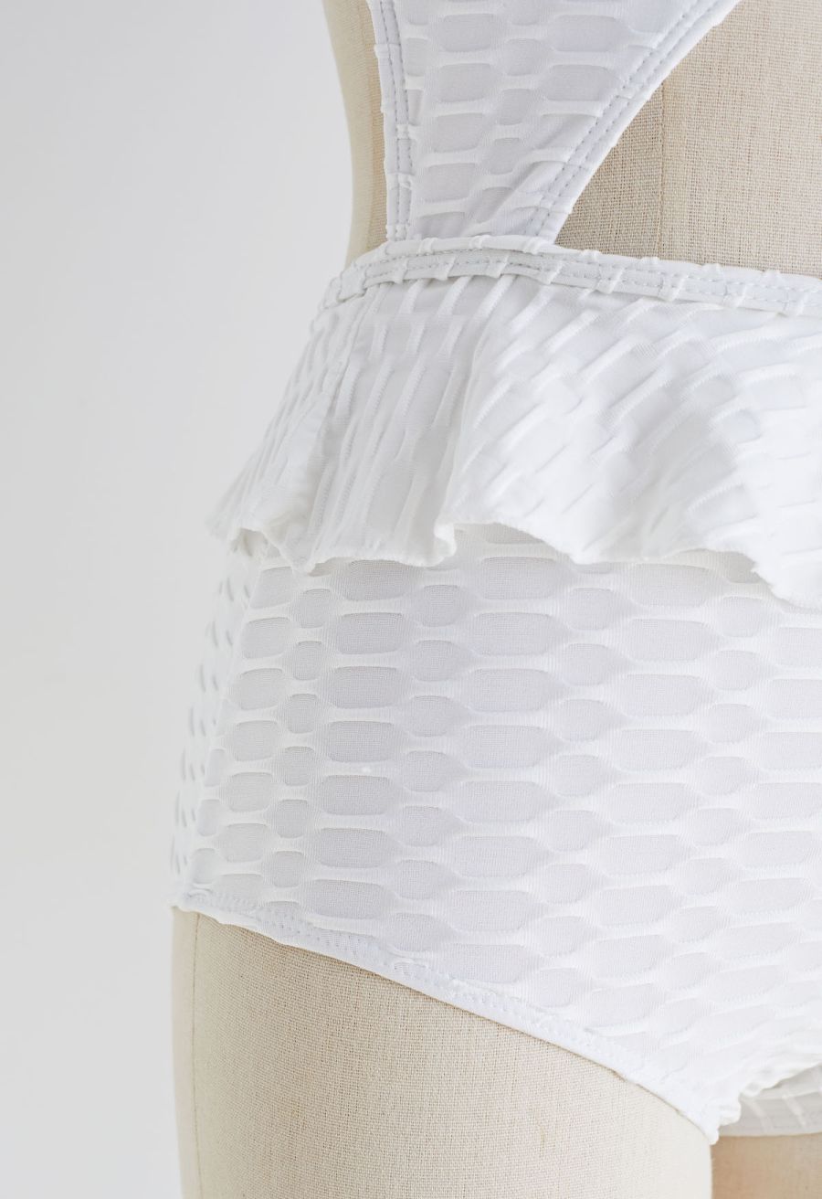 Ruffle One-Shoulder Cutout Swimsuit in White