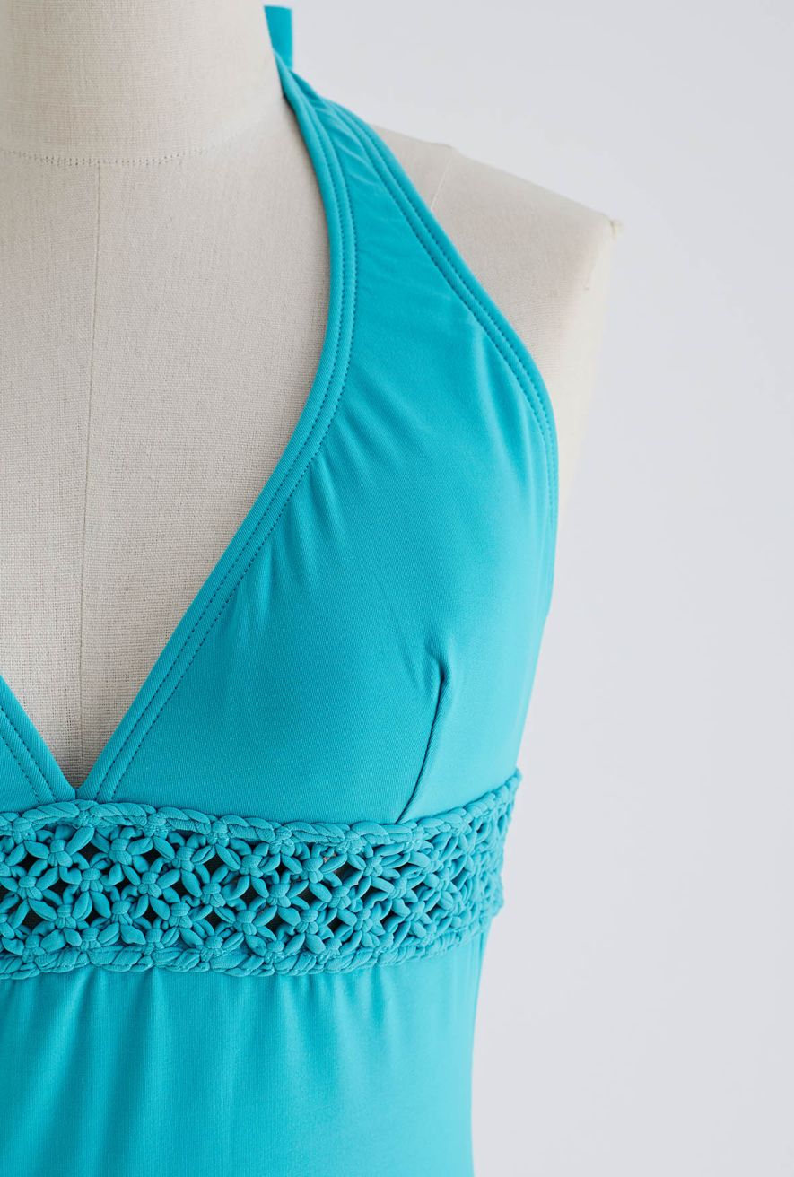 Deep-V Braided Hollow Out Waist Swimsuit in Teal