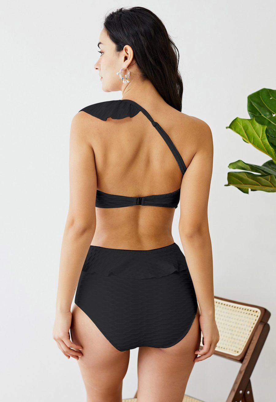 Ruffle One-Shoulder Cutout Swimsuit in Black