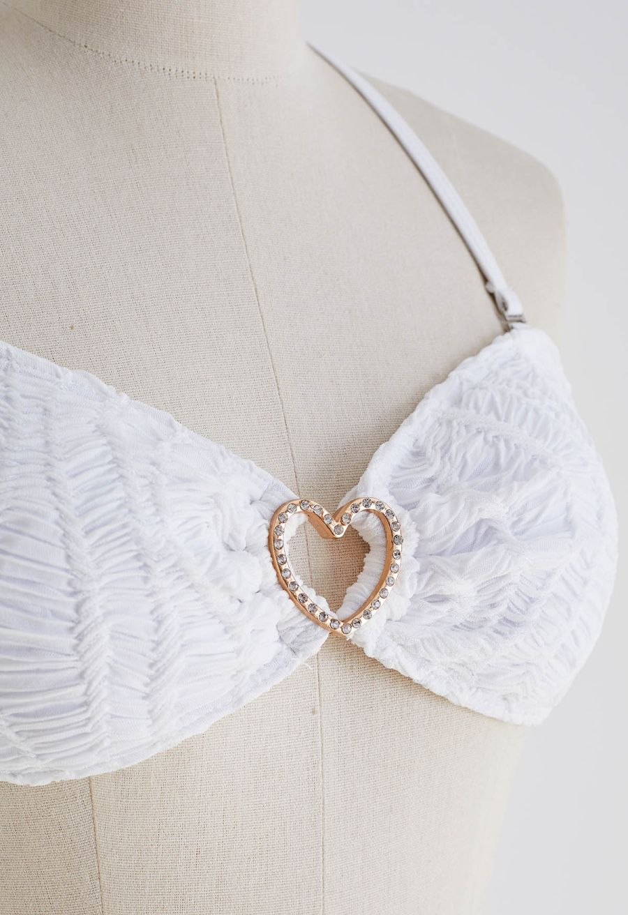Rhinestone Heart Textured Bikini Set with Sarong