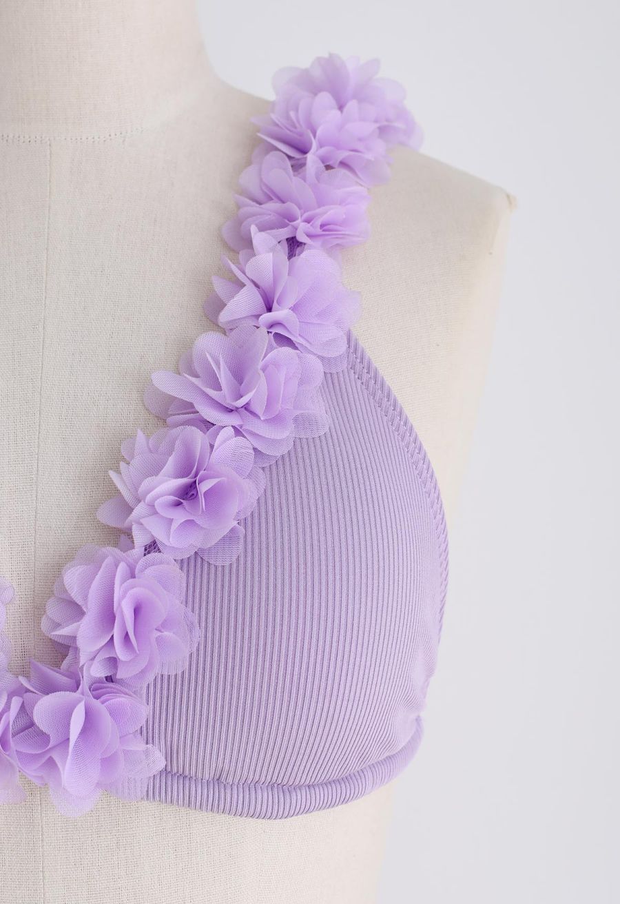 3D Mesh Floral Deep-V Bikini Set in Lilac