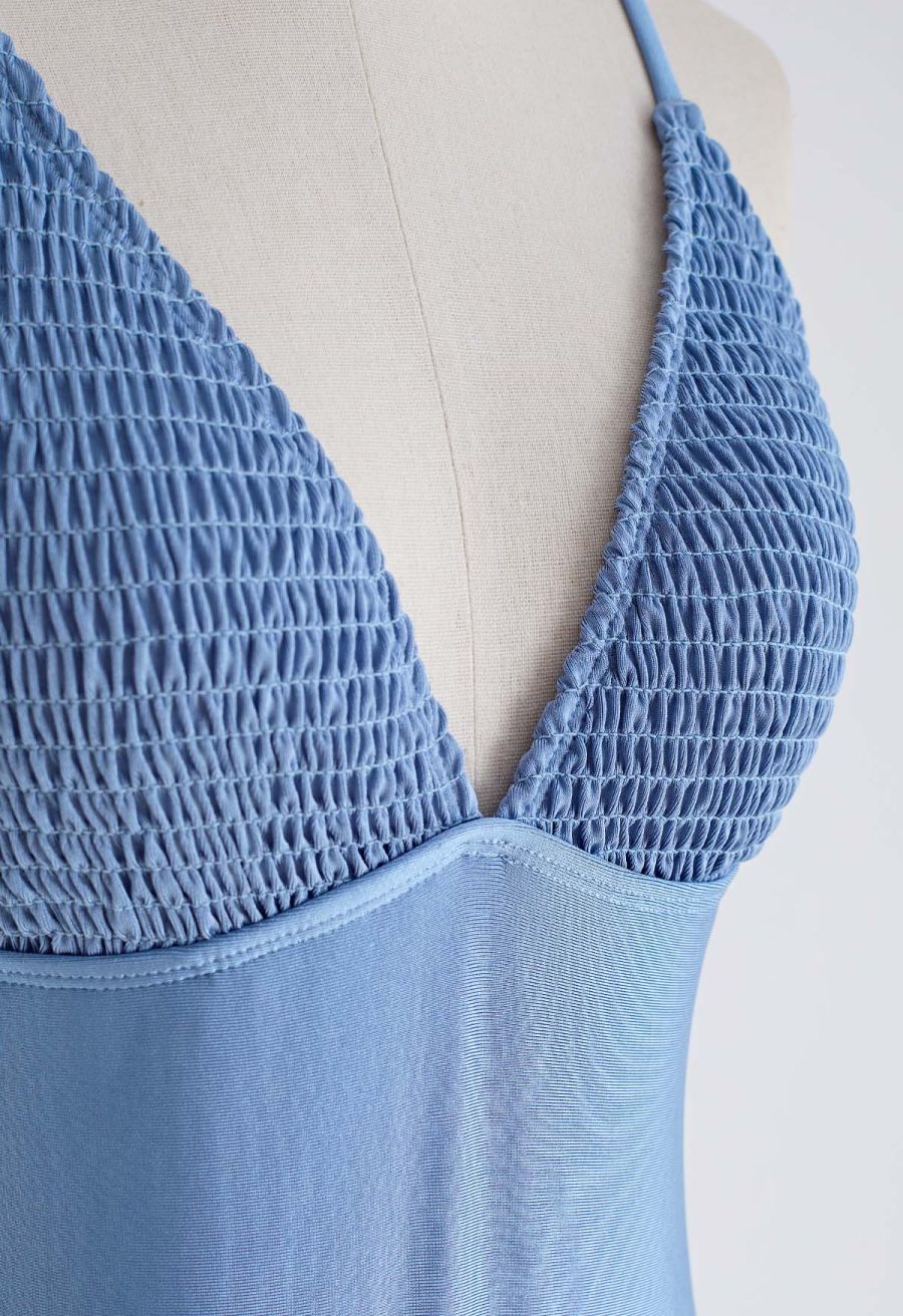 Shirred Detail Glossy Blue Swimsuit