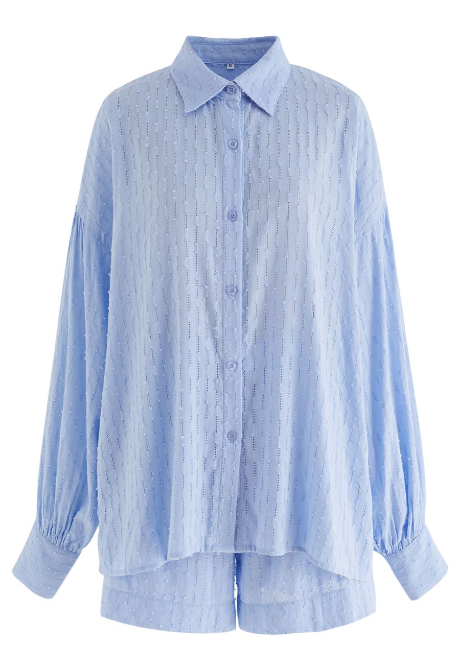 Laid Back Eyelet Oversized Shirt and Shorts Set in Blue