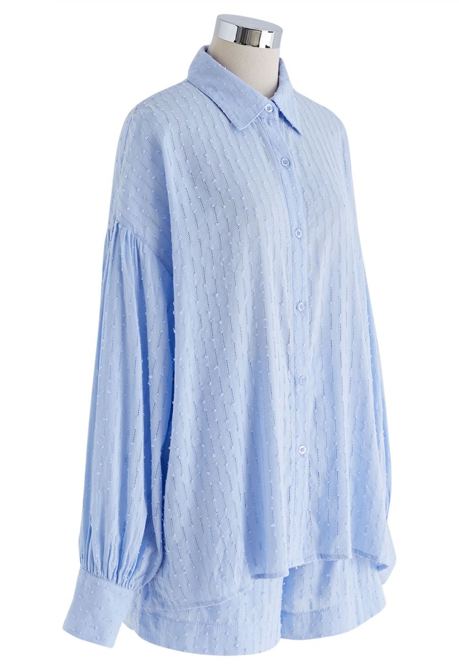 Laid Back Eyelet Oversized Shirt and Shorts Set in Blue