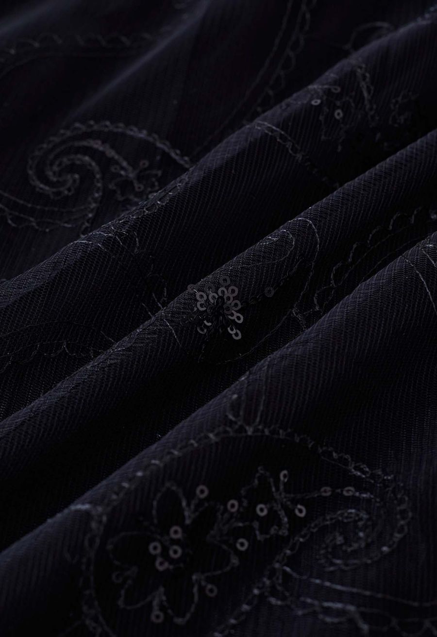 Sequined Embroidered Paisley Mesh Midi Skirt in Black